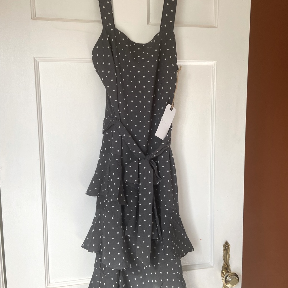 Leith asymmetric frill polka dot midi dress